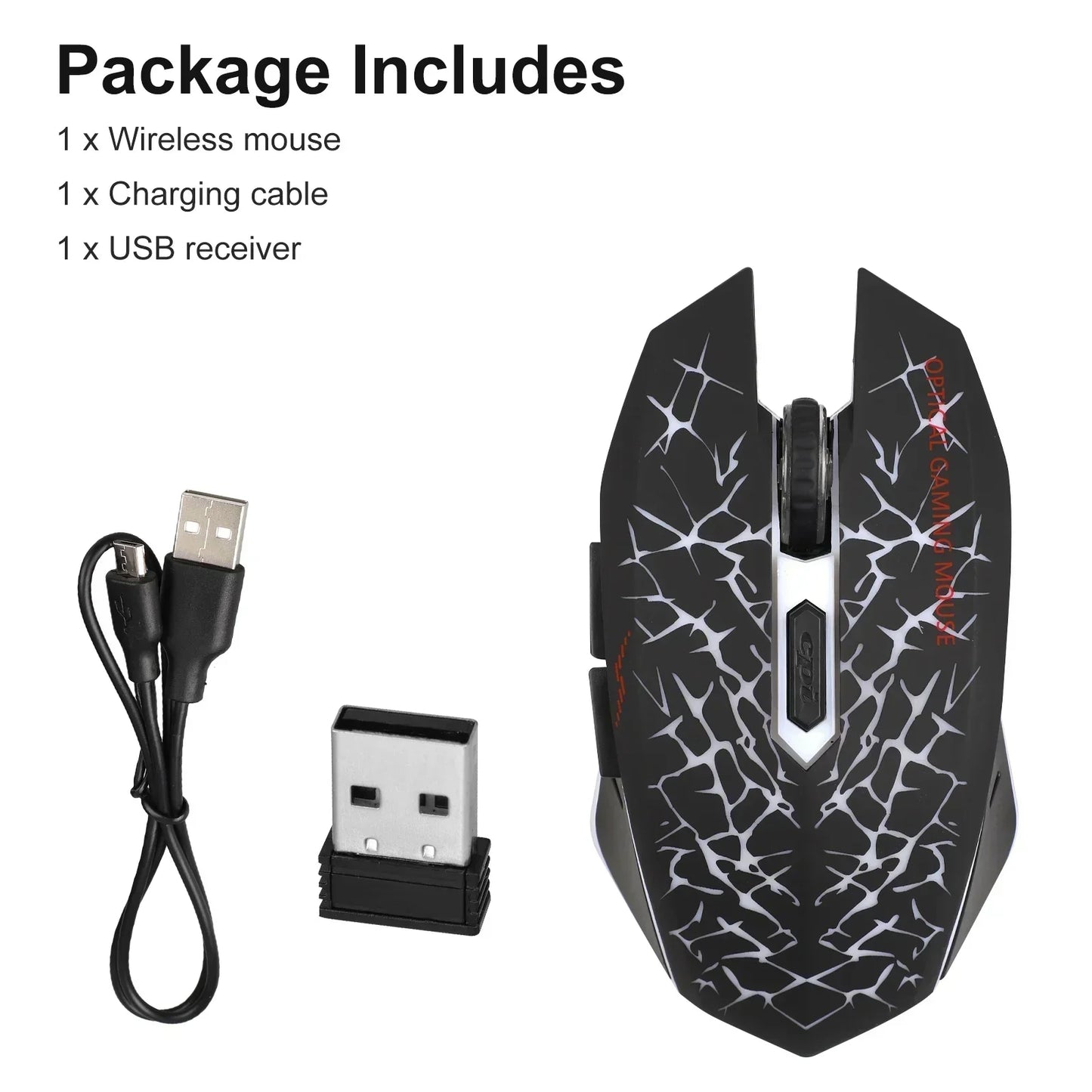 Wireless gaming mouse with crackle design, USB receiver, and charging cable set