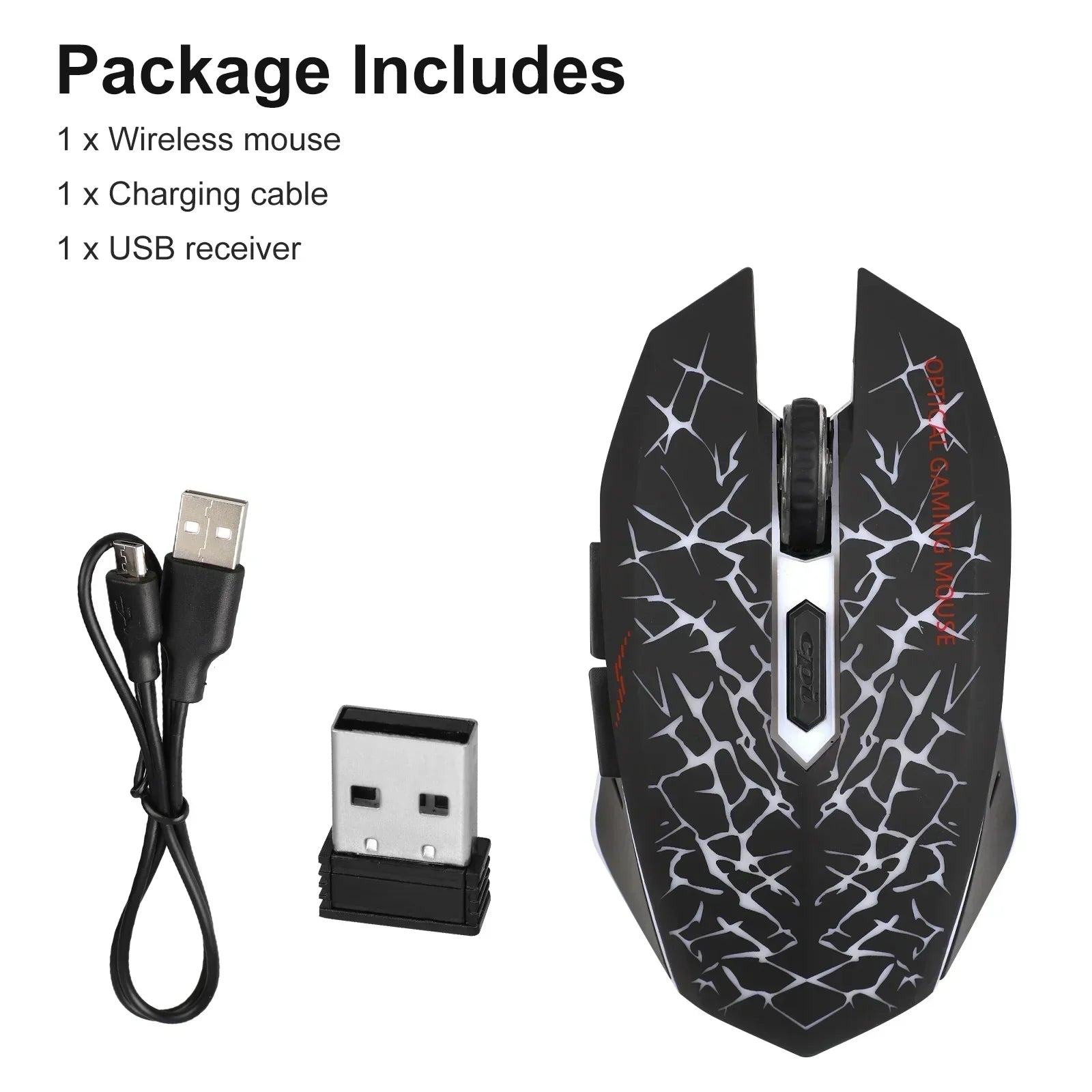 Wireless gaming mouse with crackle design, USB receiver, and charging cable set