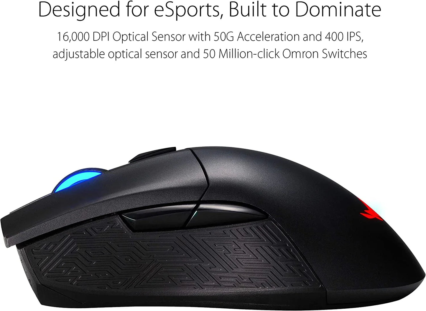 Black gaming mouse with textured grip, blue scroll wheel lighting, and red logo, designed for esports