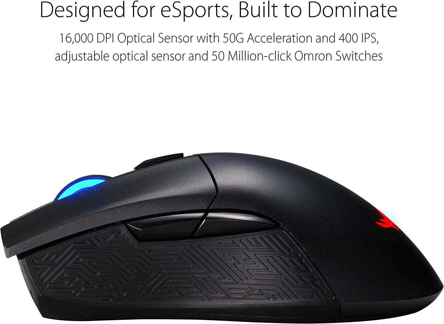 Black gaming mouse with textured grip, blue scroll wheel lighting, and red logo, designed for esports
