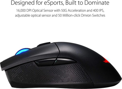 Black gaming mouse with textured grip, blue scroll wheel lighting, and red logo, designed for esports