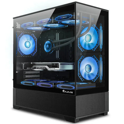 High-end gaming PC with RGB fans, GeForce RTX graphics card, and glass side panel