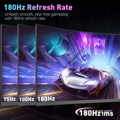 Curved gaming monitors showing 75Hz, 100Hz, and 180Hz refresh rates with fast racing car graphics