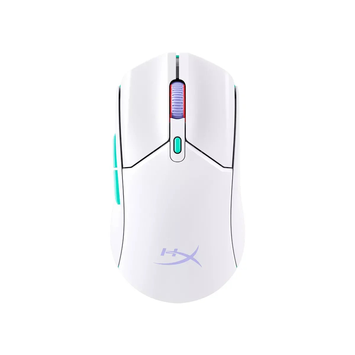 White HyperX gaming mouse with RGB scroll wheel and teal side buttons on white background