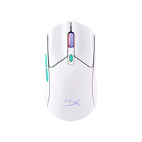 White HyperX gaming mouse with RGB scroll wheel and teal side buttons on white background