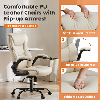 Cream PU leather gaming chair with flip-up armrests, cushioned headrest, and thick seat foam for comfort