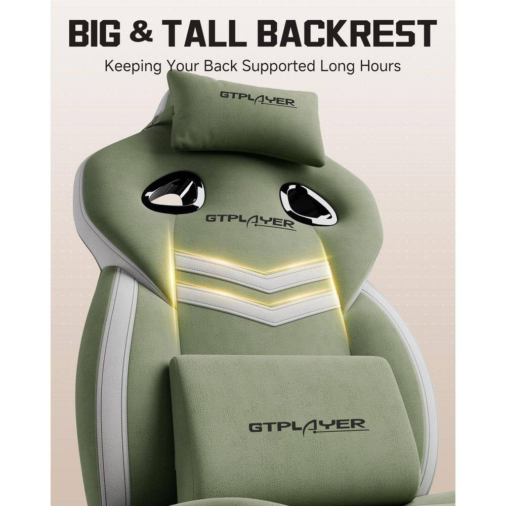 Green GTPLAYER gaming chair with big tall backrest, lumbar support, and RGB lighting for long gaming sessions