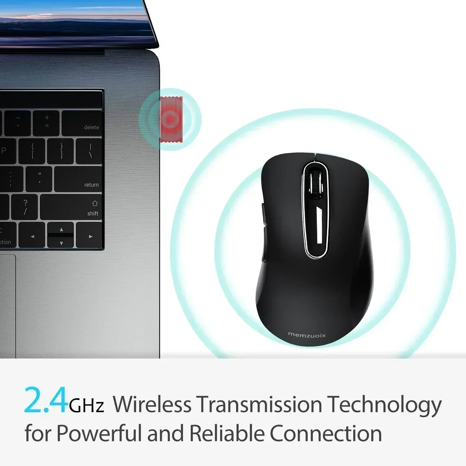 Wireless gaming mouse with USB receiver connected to laptop, 2.4GHz reliable connection