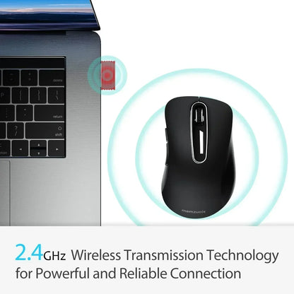 Wireless gaming mouse with USB receiver connected to laptop, 2.4GHz reliable connection