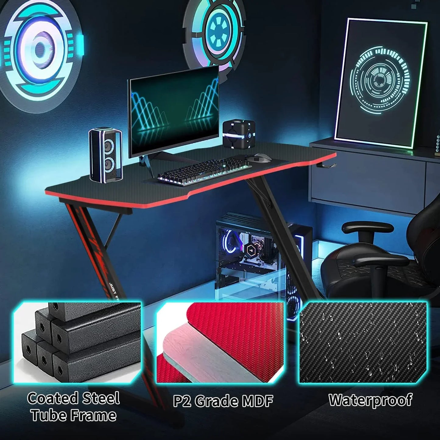 Modern gaming setup with carbon fiber desk, RGB-lit PC, gaming keyboard, and graphics on wall
