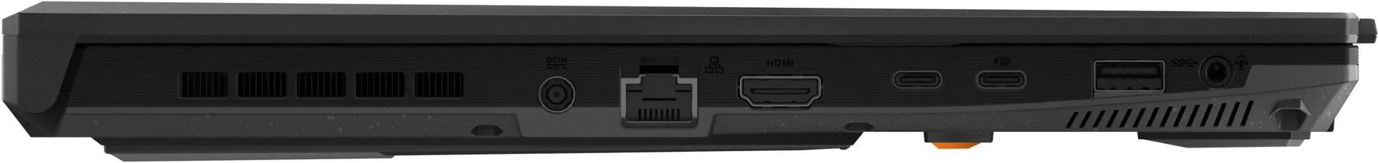 Gaming laptop rear ports with HDMI, USB-C, Ethernet, ventilation, and power input