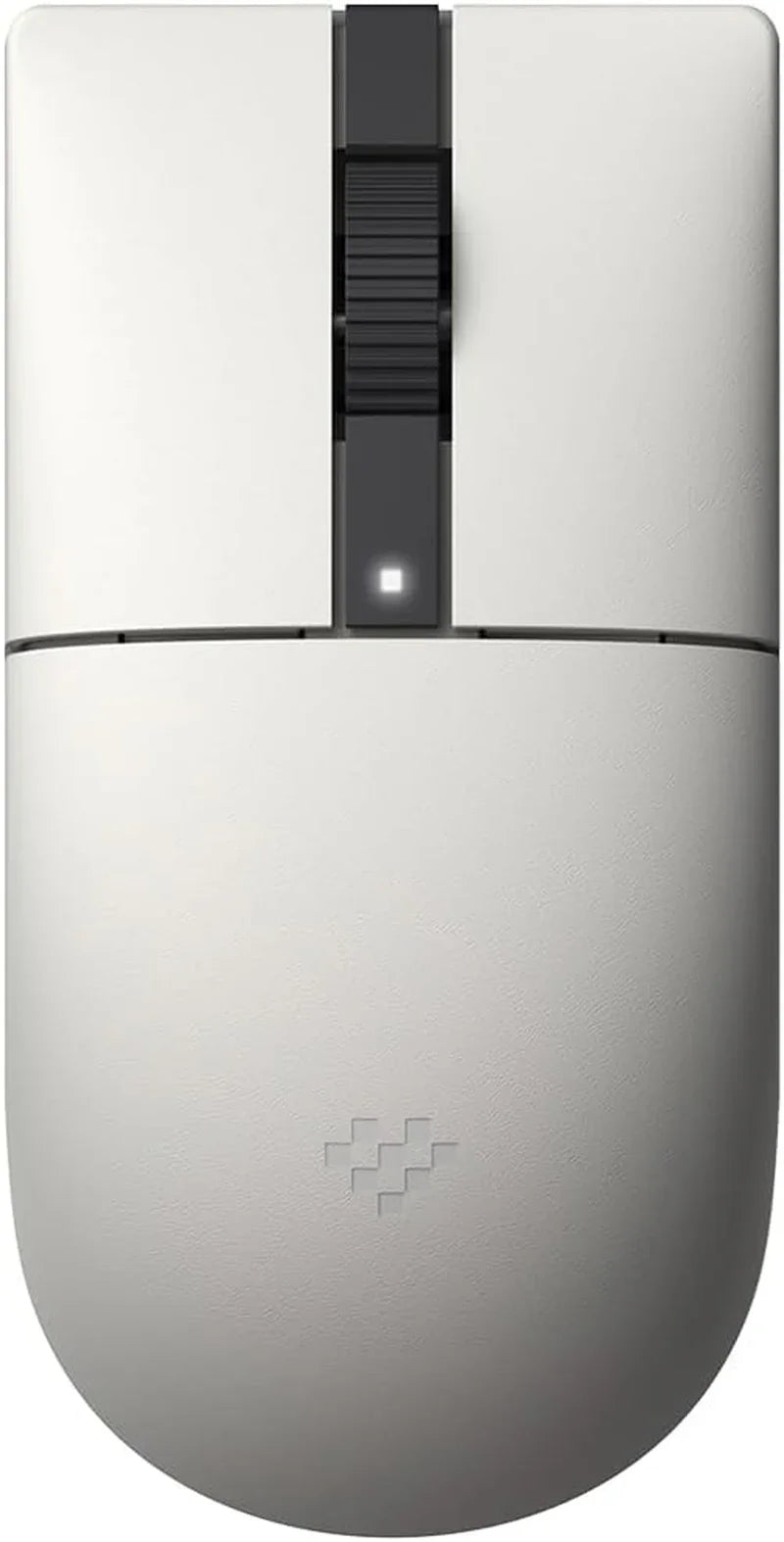 Minimalist white wireless gaming mouse with black scroll wheel, top-down view