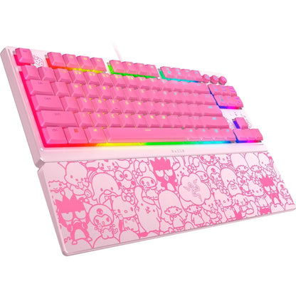 Pink Razer RGB gaming keyboard with cartoon wrist rest, kawaii modern gaming gear