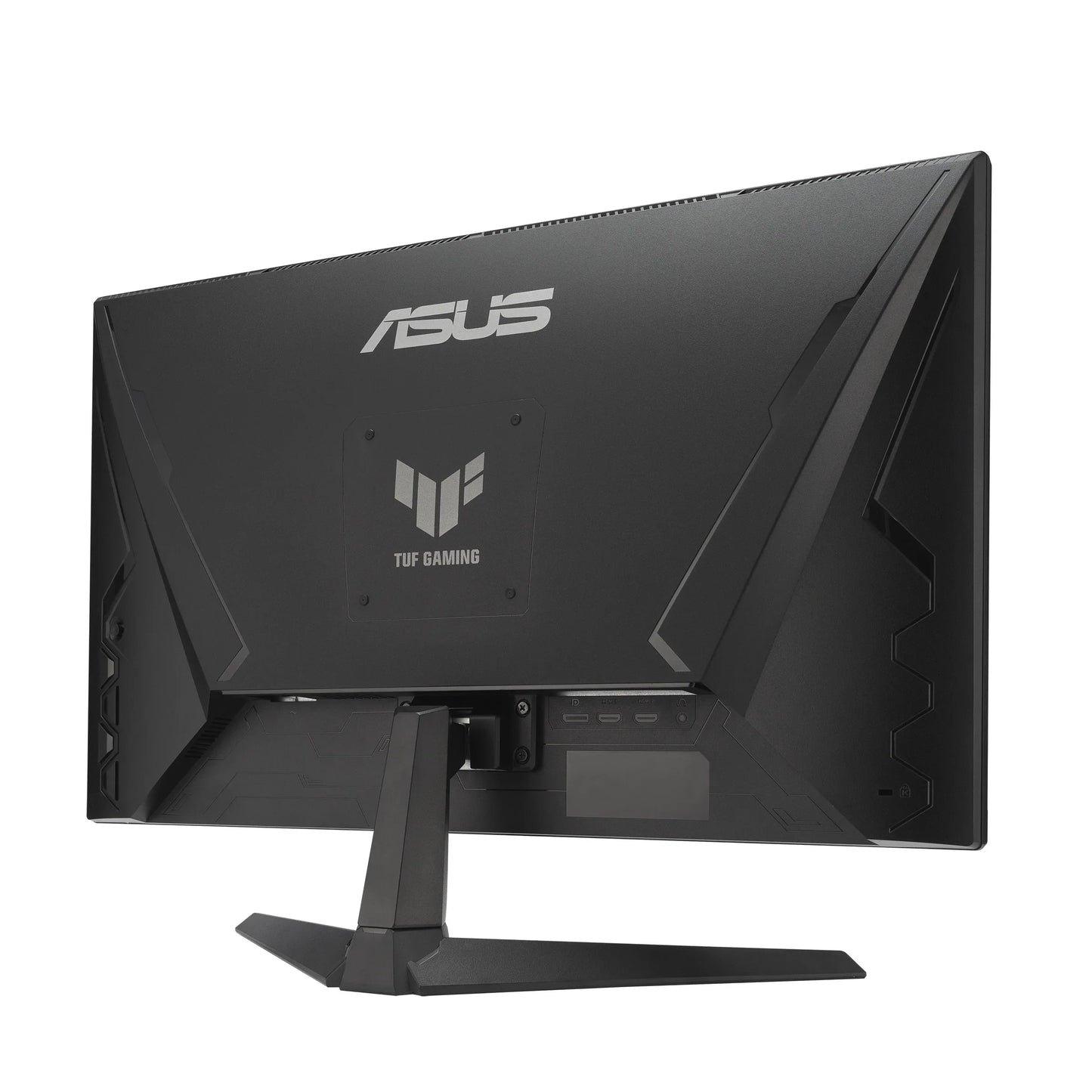 Back view of black ASUS TUF Gaming monitor with angular design and ports, on sturdy stand