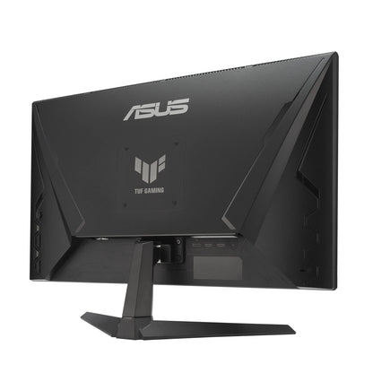 Back view of black ASUS TUF Gaming monitor with angular design and ports, on sturdy stand