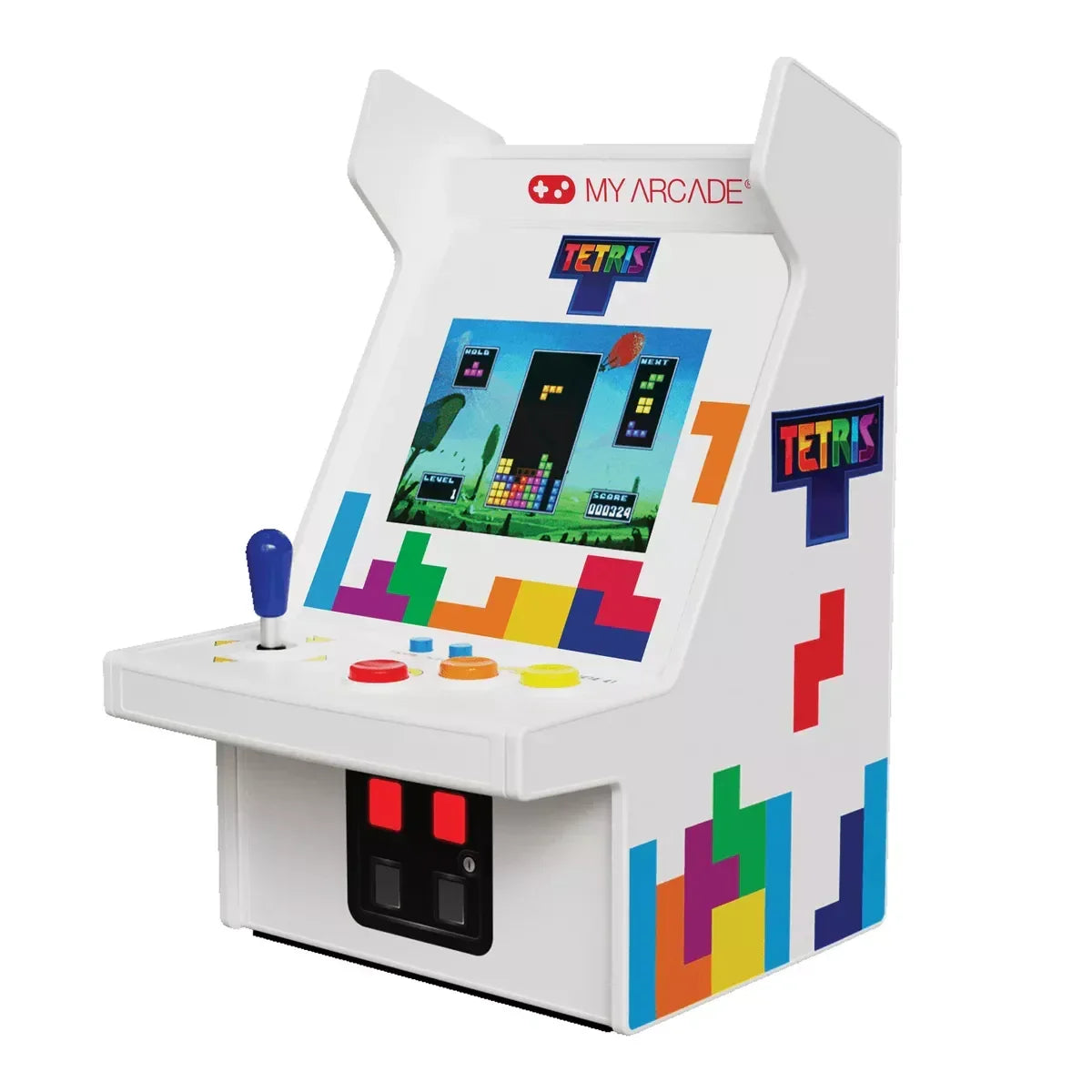 Retro-style mini Tetris arcade machine with colorful pixel art, joystick, and buttons
