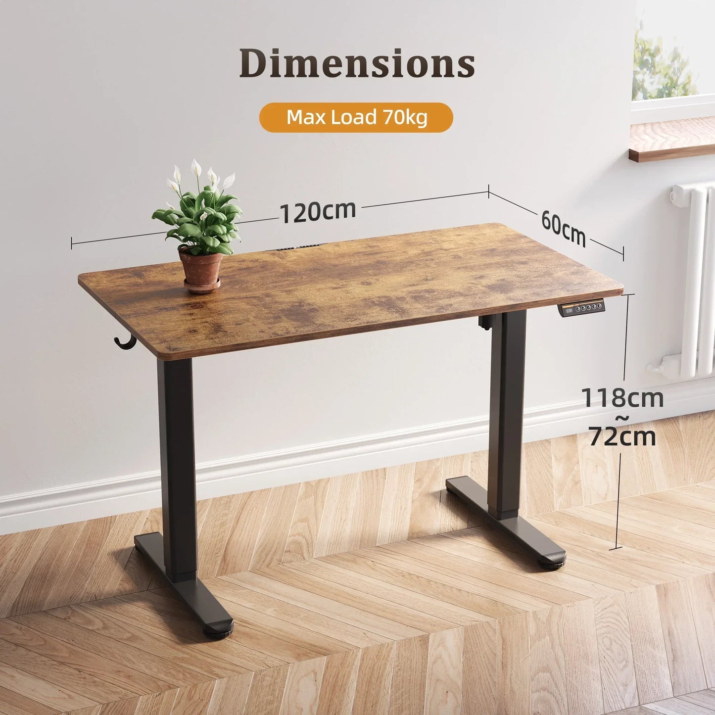 48" Electric Standing Desk - Adjustable Height Stand up Home Office Desk, Sit to Stand Desk with Splice Board, Rustic Brown Computer Table for Corner Small Space