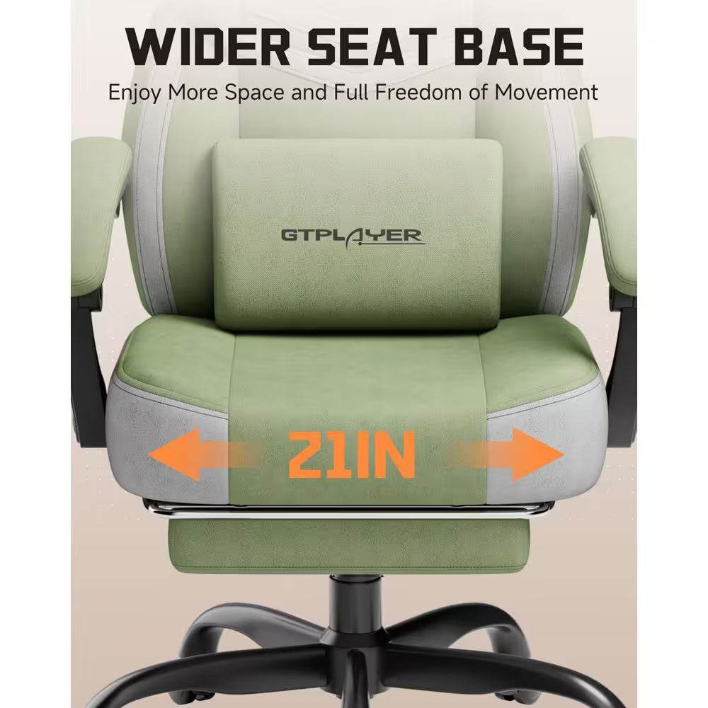 Green gaming chair with 21-inch wider seat base, GTPLAYER lumbar pillow, ergonomic design for comfort