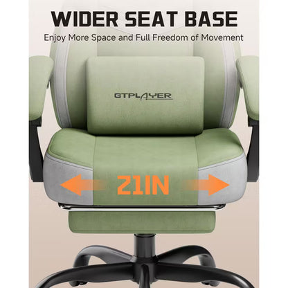 Green gaming chair with 21-inch wider seat base, GTPLAYER lumbar pillow, ergonomic design for comfort