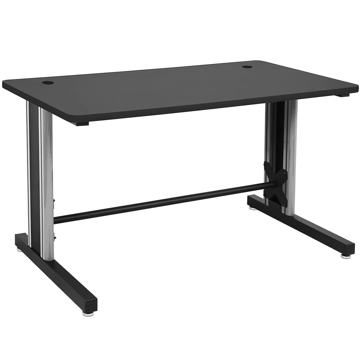 Modern black adjustable gaming desk with metal legs and cable management holes