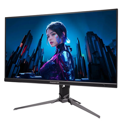 Curved Predator gaming monitor displaying futuristic female cyborg in neon-lit cityscape