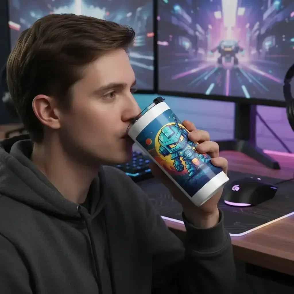 Young man drinking from a robot-themed tumbler at a gaming setup with dual monitors and keyboard