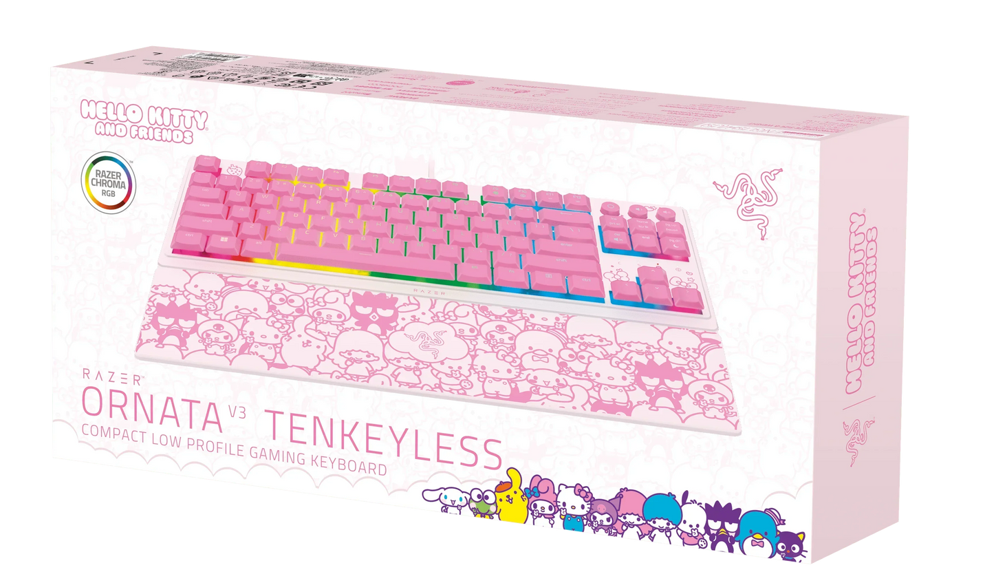 Hello Kitty themed Razer Ornata V3 tenkeyless pink gaming keyboard box, RGB-ready, Byte Style exclusive.