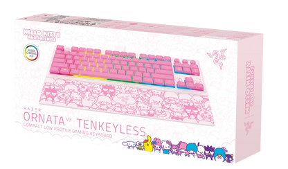 Hello Kitty themed Razer Ornata V3 tenkeyless pink gaming keyboard box, RGB-ready, Byte Style exclusive.