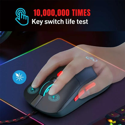 Hand using black gaming mouse on RGB mouse pad with key switch life test graphic showing 10 million clicks