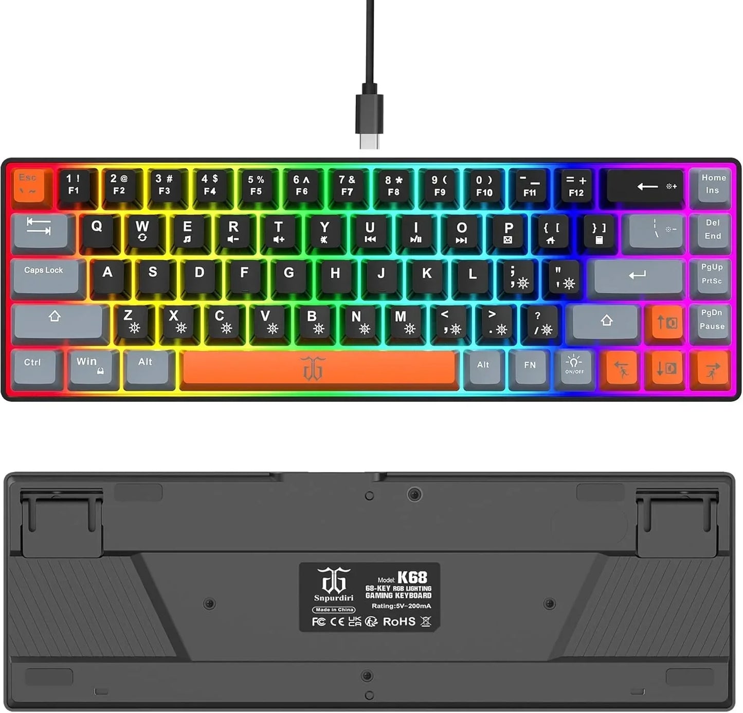RGB backlit 68-key mechanical gaming keyboard with rainbow lighting, compact design, modern style