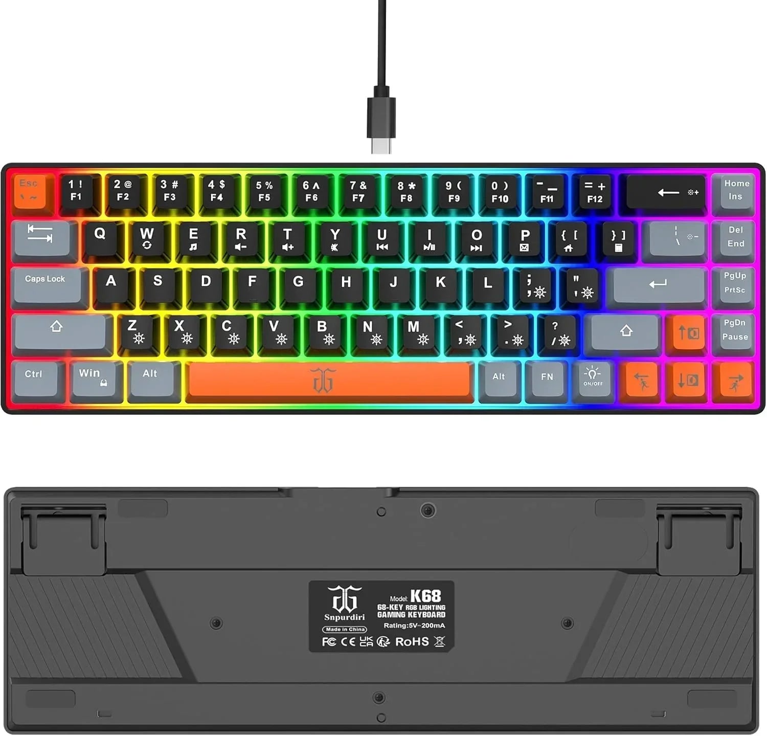 RGB backlit 68-key mechanical gaming keyboard with rainbow lighting, compact design, modern style