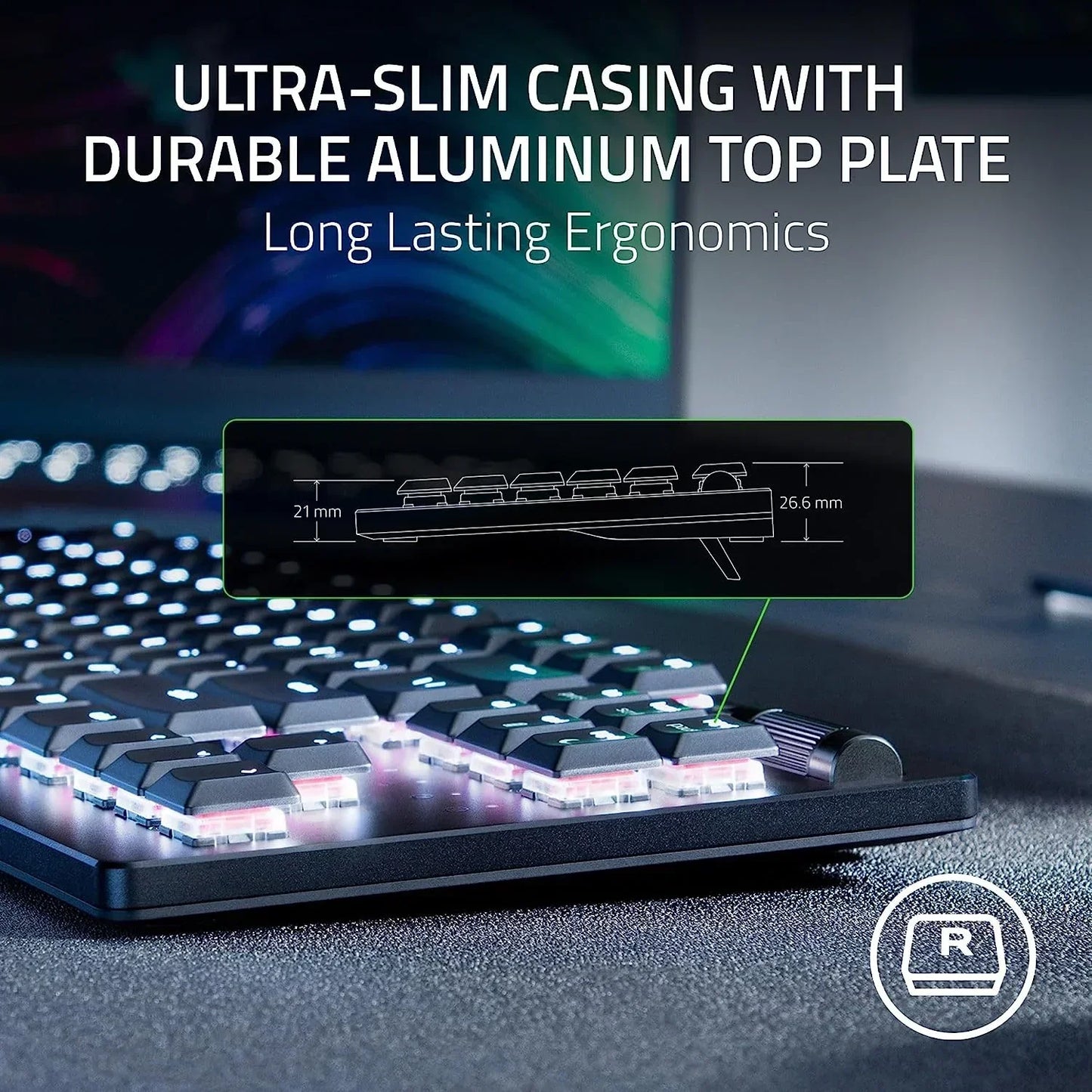 Ultra-slim RGB gaming keyboard with durable aluminum top plate, ergonomic design, Byte Style