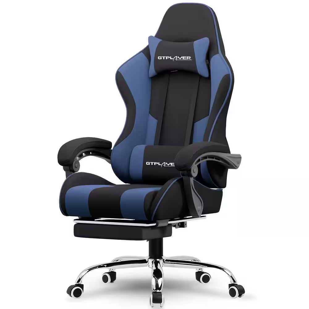 Blue and black GTPLAYER gaming chair with lumbar support, adjustable armrests, and footrest for ergonomic comfort
