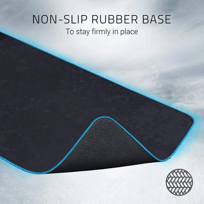 Gaming mouse pad with non-slip rubber base and blue stitched edges for stable, firm placement