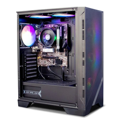 Gaming PC desktop with RGB lighting, clear side panel, and visible internal components