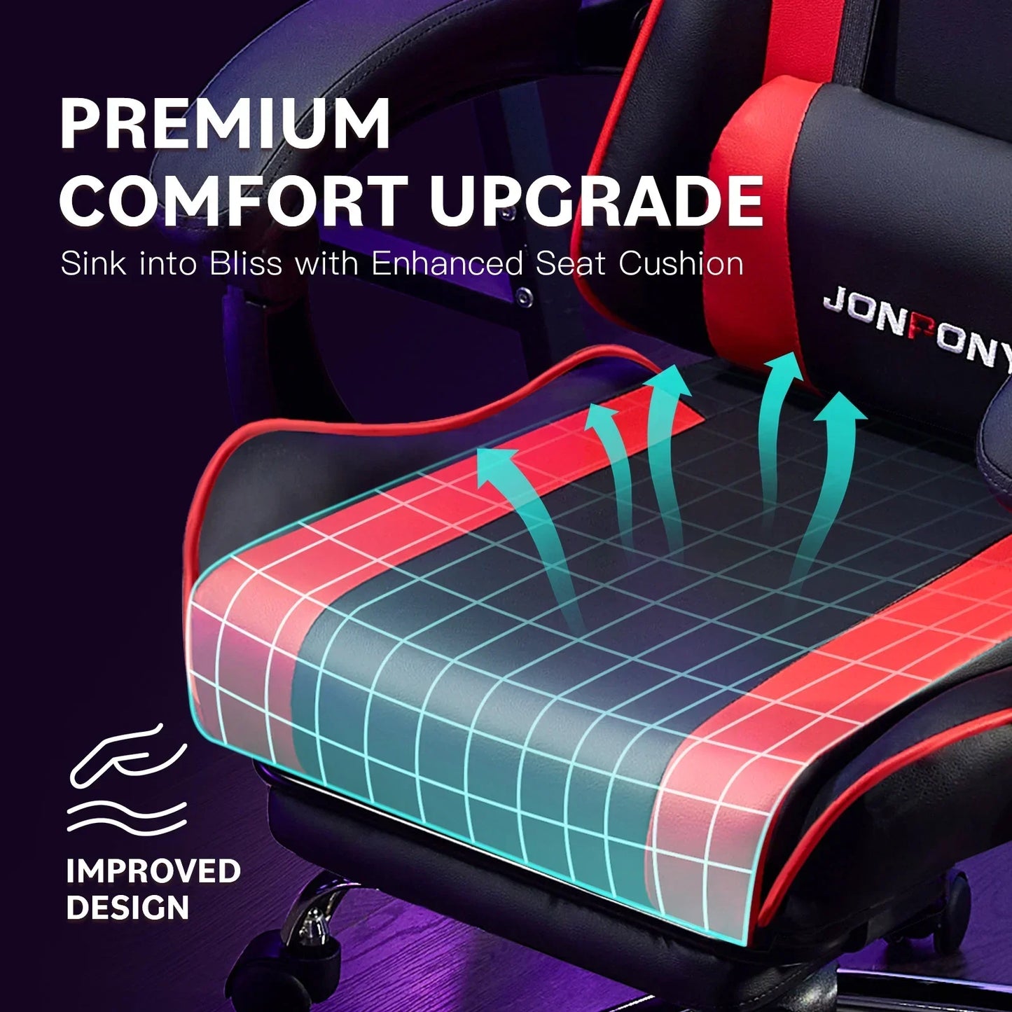 Black and red Jonpony gaming chair featuring enhanced ergonomic seat cushion with premium comfort upgrade