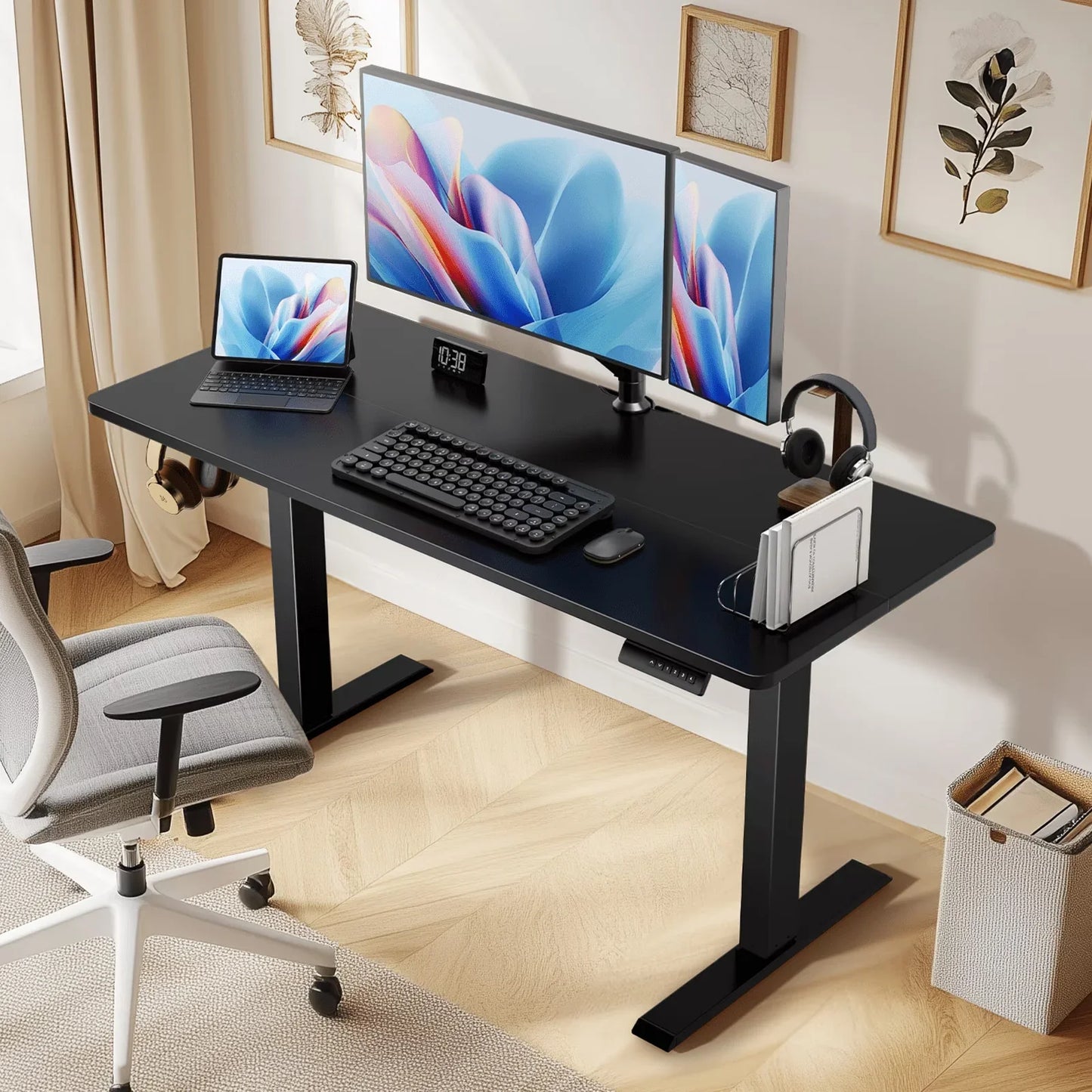 55" X 24" Electric Standing Desk, Adjustable Height Sit Stand up Desk with 4 Memory Pre-Set, Home Office Gaming Desk with Headphone Hook, Vintage Brown