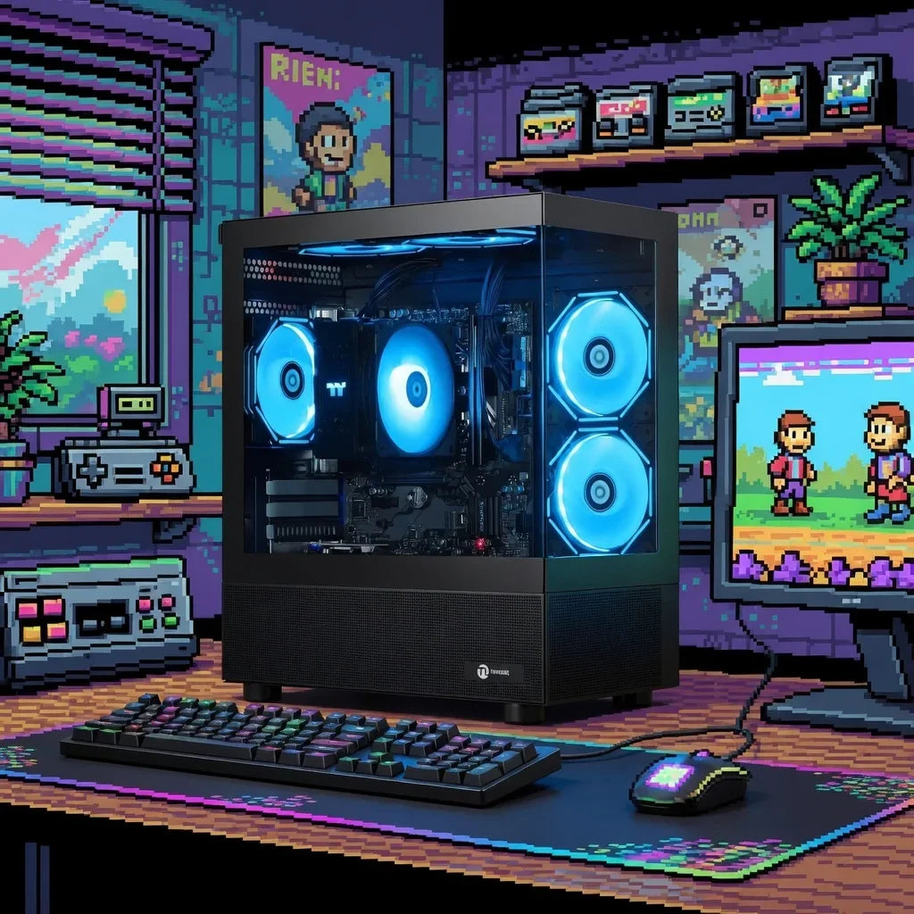 Retro gaming setup with RGB PC, mechanical keyboard, mouse, and 8-bit pixel art decor