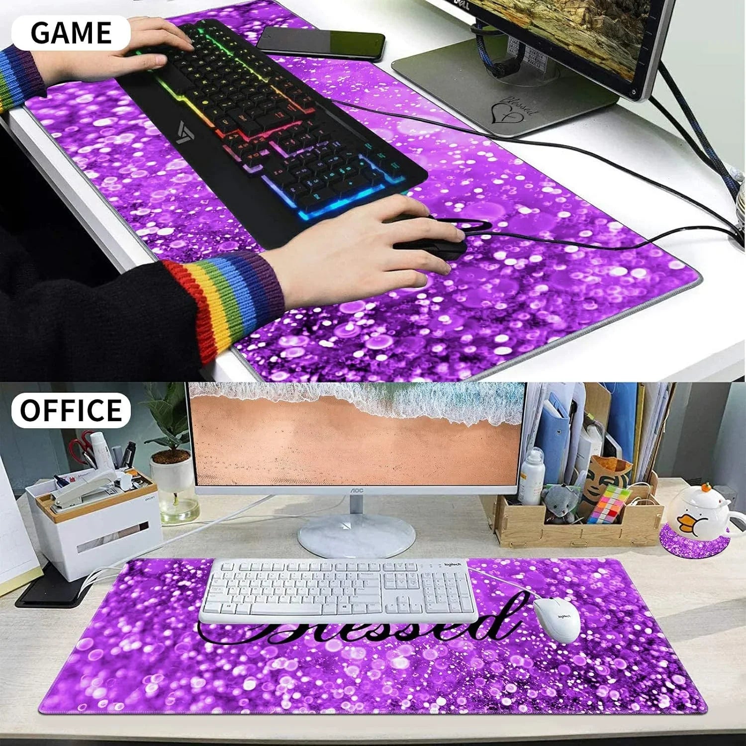 Dual purple sparkly gaming and office mouse pads with RGB keyboard and white keyboard on desks