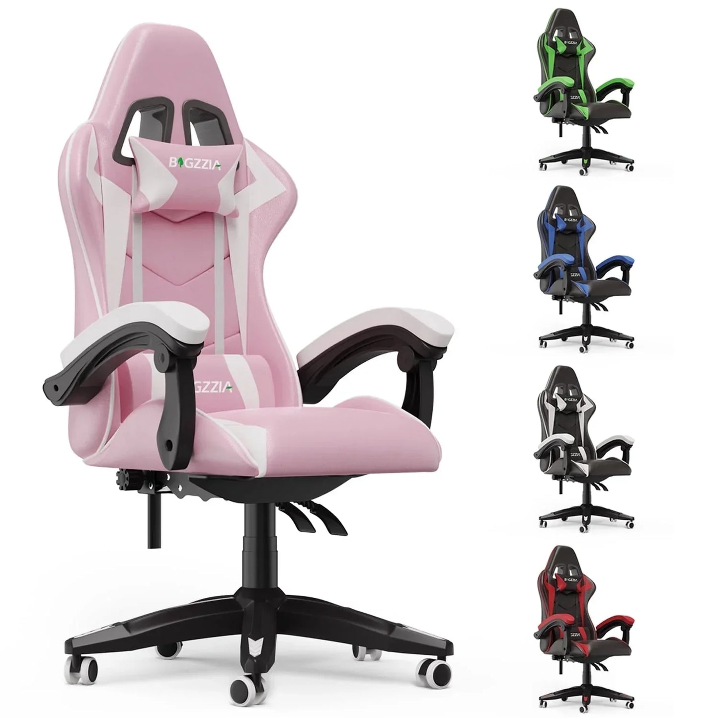 Pink gaming chair with white accents, ergonomic design, and 4 color options for PC setup