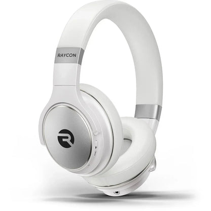 White Raycon over-ear wireless gaming headset with padded ear cups and silver accents