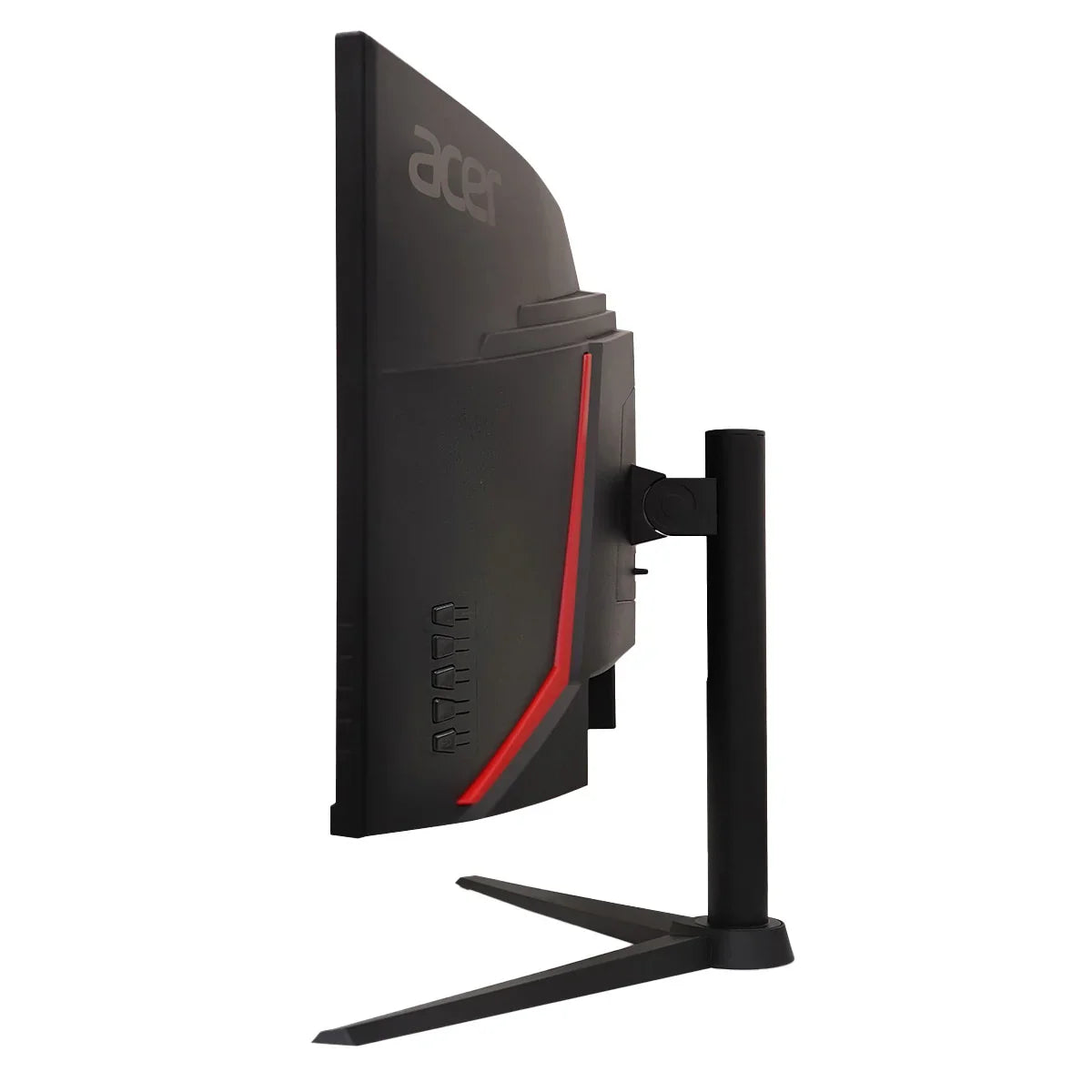 Side view of Acer black gaming monitor with red accents and adjustable stand on white background