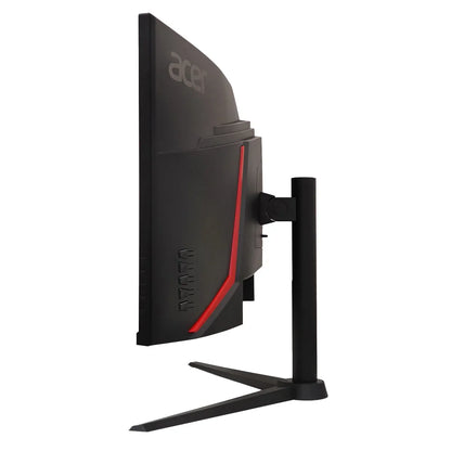 Side view of Acer black gaming monitor with red accents and adjustable stand on white background