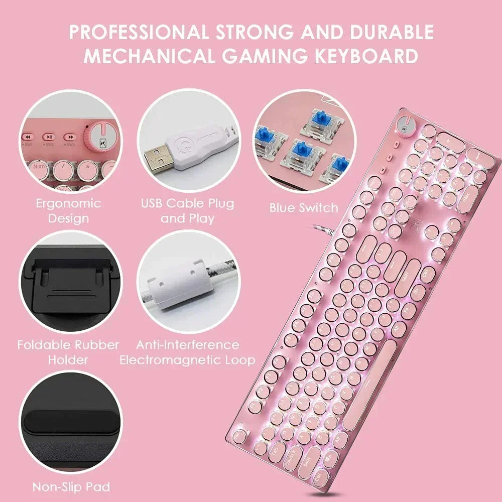 X9 Wired 104 Keys Typewriter Mechanical Gaming Keyboard and Mouse, White LED Backlit for Pc/Mac/Windows