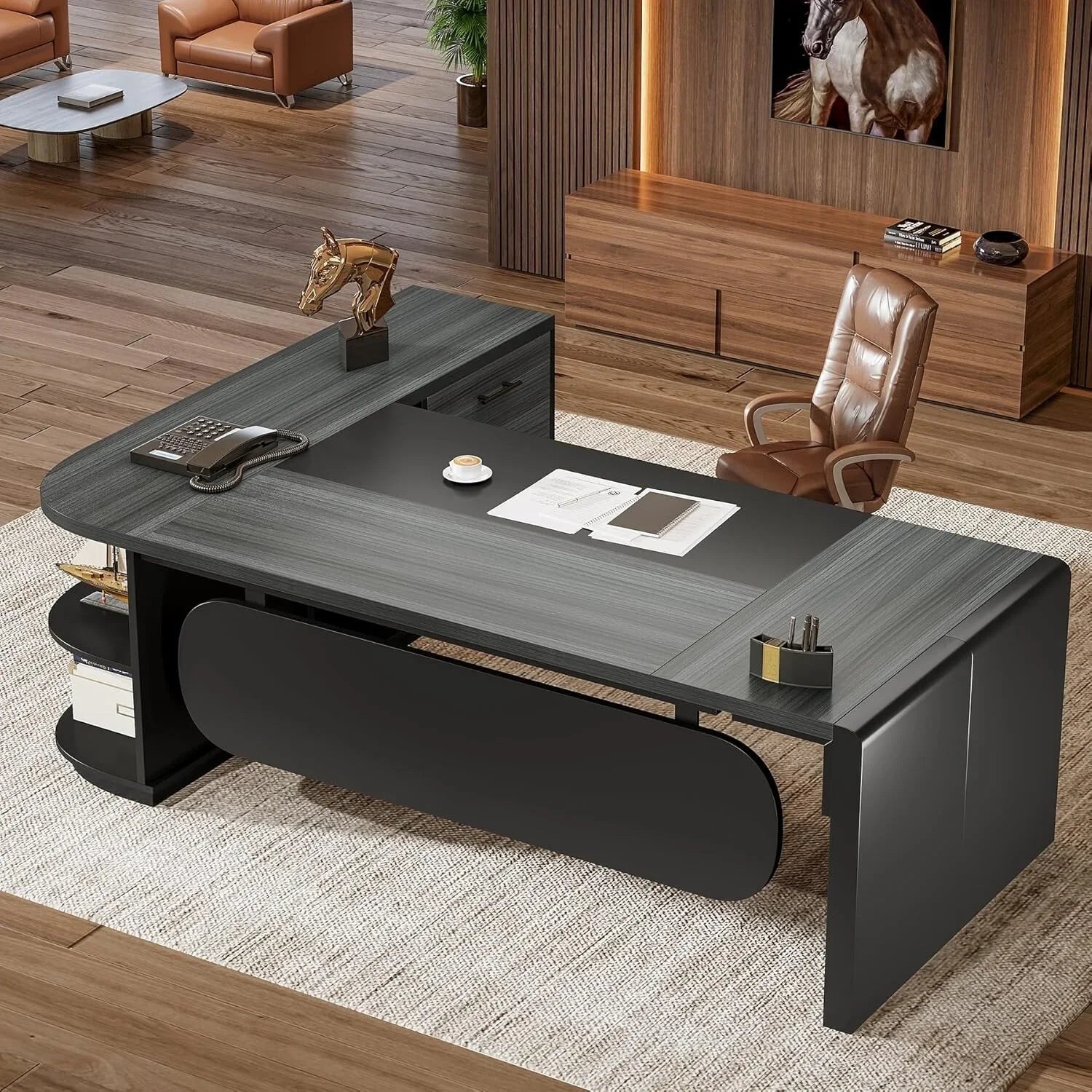 80 Inches Executive Desk, L-Shaped Office Desk with 55 Inches Cabine