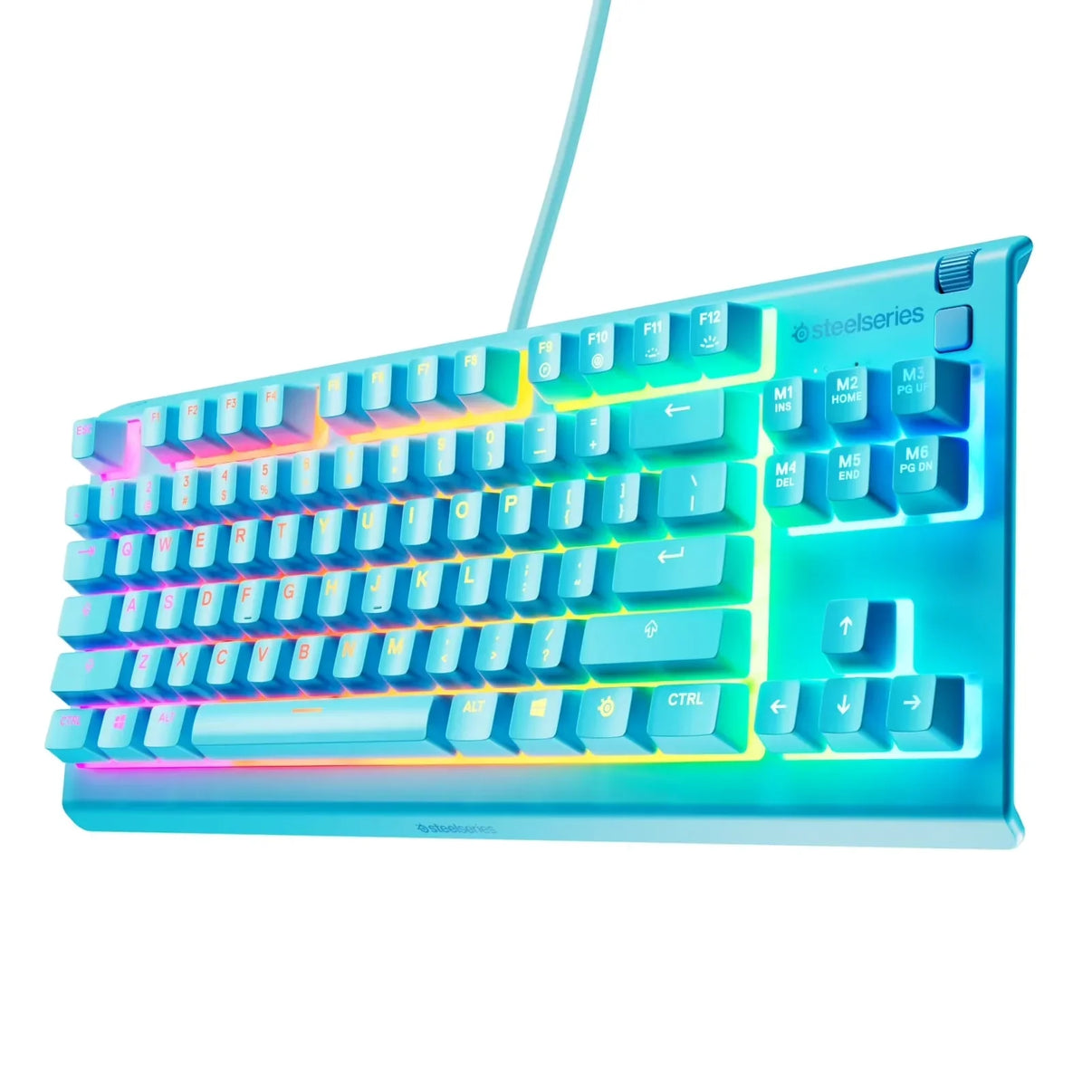 SteelSeries wired mechanical gaming keyboard with RGB backlighting and turquoise casing