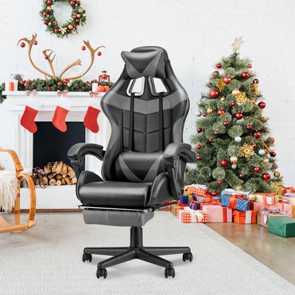 Black gaming chair with footrest in festive Christmas room, perfect for gamers and home setups