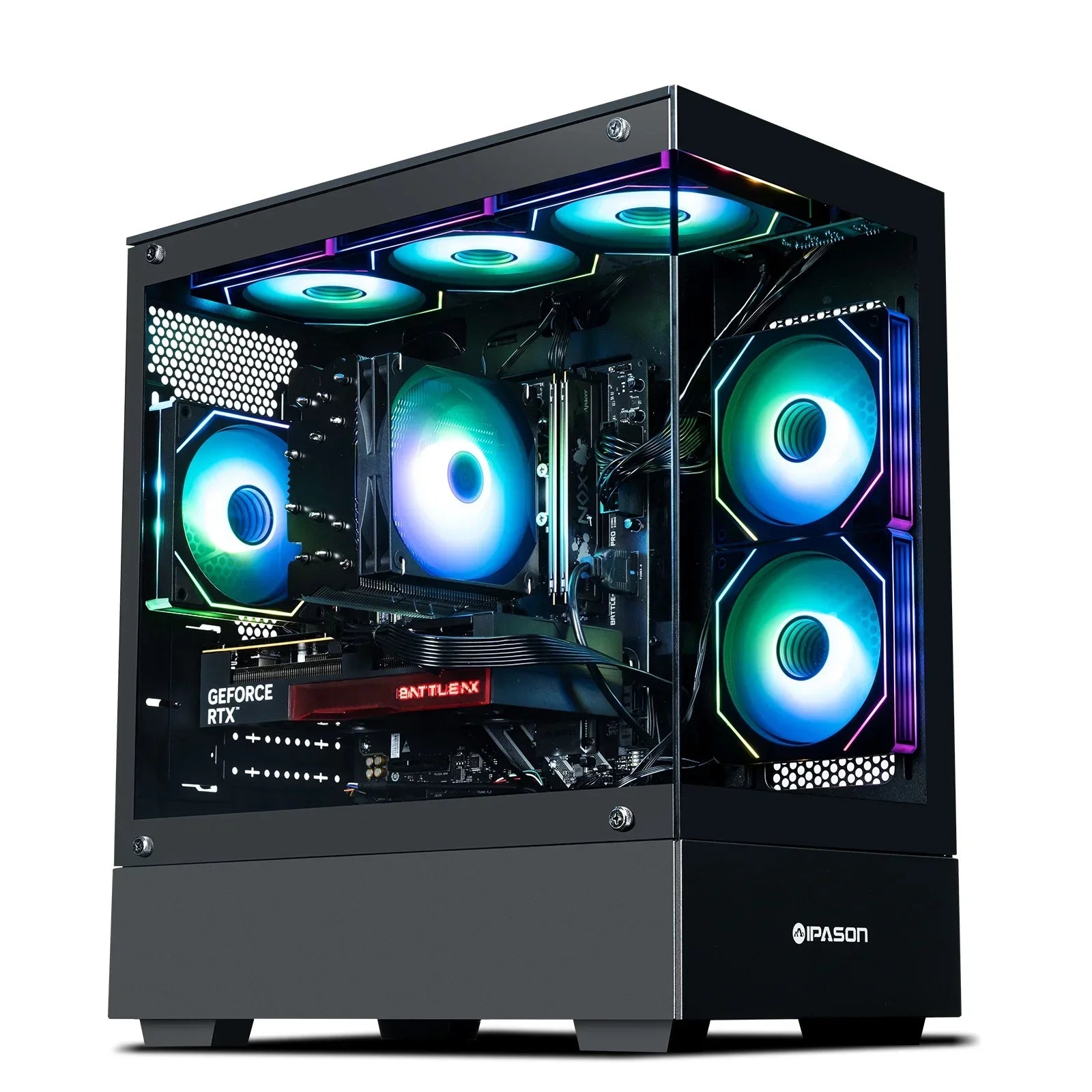 IPASON gaming PC with RGB cooling fans, GeForce RTX graphics, and transparent tempered glass case
