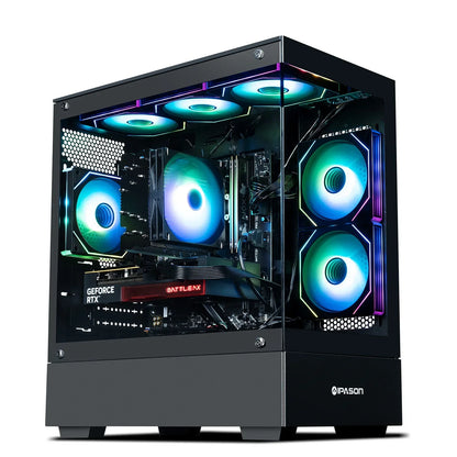 IPASON gaming PC with RGB cooling fans, GeForce RTX graphics, and transparent tempered glass case