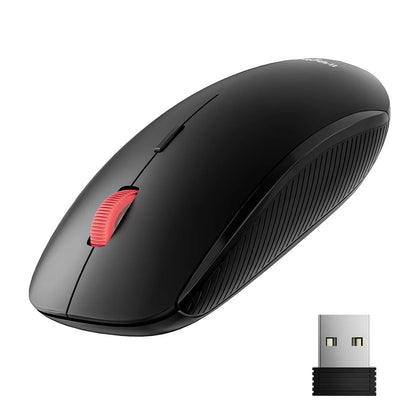 Black wireless gaming mouse with red scroll wheel and USB receiver